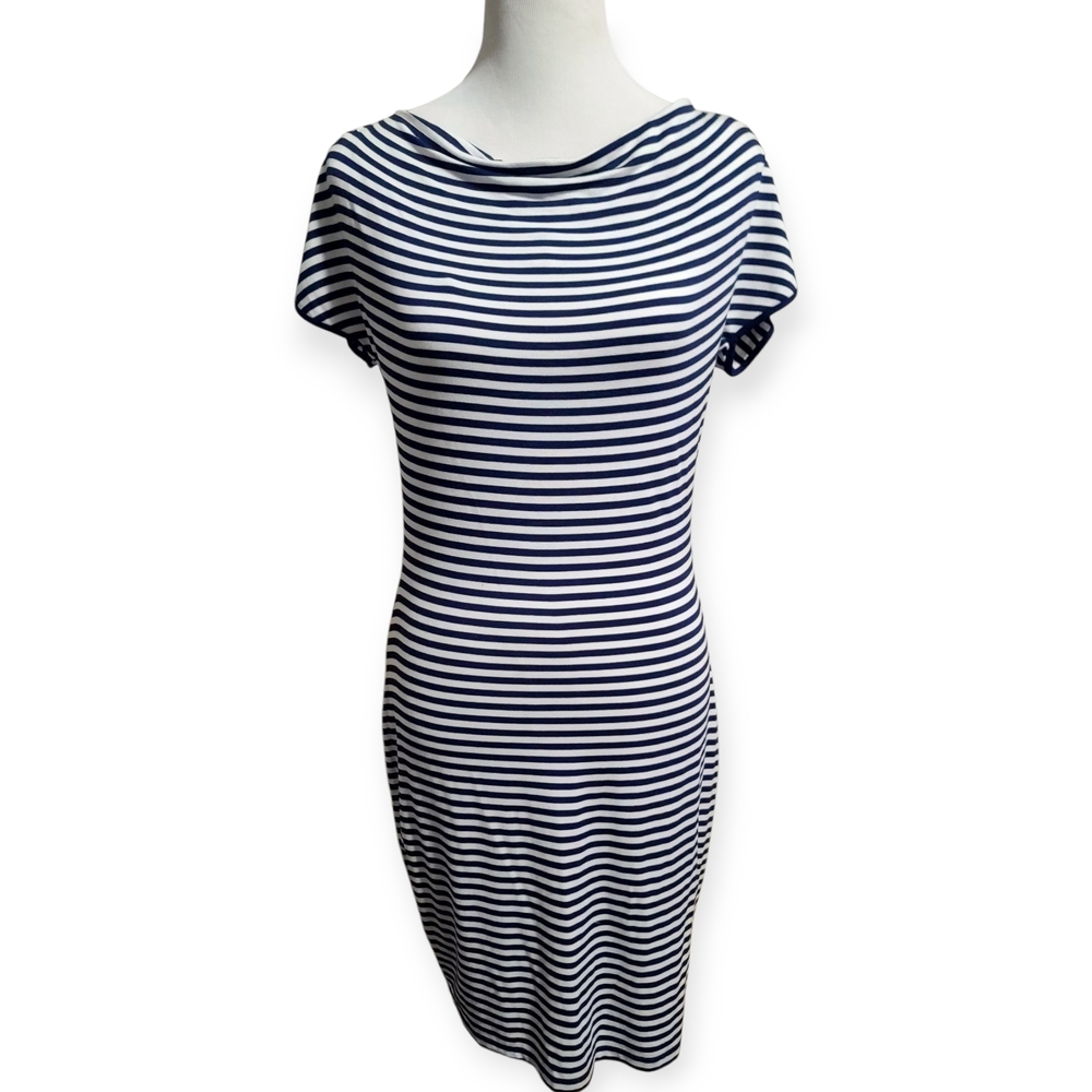 Calvin Klein Blue and White Buttery Soft Knit Sheath Dress with Cowl Neck